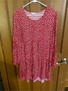 Time and Tru Red and White Polka Dot Long-Sleeve Swing Dress